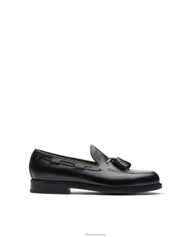 أحذية V62HZ28 Lottusse رجال أسود أحذية قارب عجل لامعة من الدرجة الأولى